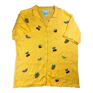 Victoria Jones VTG Yellow Sh Slv, Vneck, Button Down Sweater W Fruit 1X/1